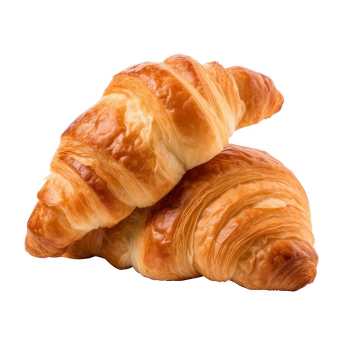 Dos croissants francesos mantegosos i daurats, aïllats en un fons blanc.