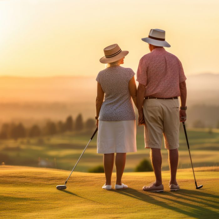 Parella gran contemplant la posta de sol en un camp de golf, preparats amb pals per jugar.